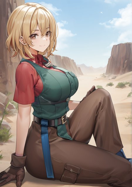 1girl, cagalli yula athha, huge breast,belt, black belt, blonde hair, blue footwear, brown eyes, brown gloves, brown pants, bulletproof vest, closed mouth, day, desert, gloves, green vest, medium hair, outdoors, pants, profile, red shirt, shirt, short sleeves, sitting, smile, solo, straight hair, t-shirt, vest,<lora:TEDDY:1>