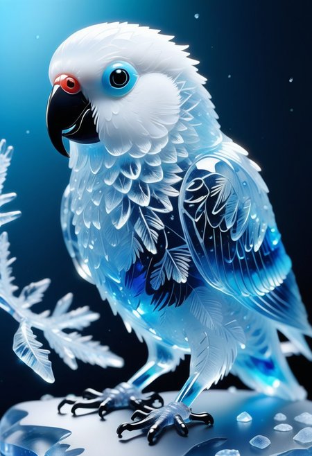 a pretty white bird parakeet  made from Jed-Blmicry, masterpiece, full of details,  <lora:BioIceCrystalStyle-000006:0.7>,