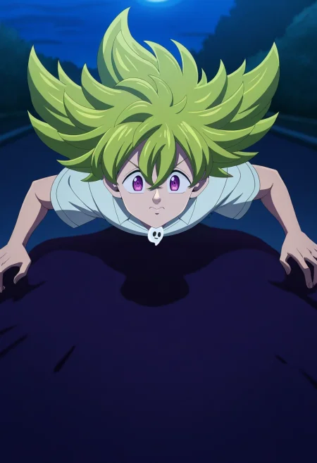 masterpiece, best quality, , anime screencap, anime coloring, ,, 1boy, solo, male focus, <lora:percival_nnt_mny_ilxl:0.96>, percival_nnt_mny, green hair, purple eyes, spiked hair, hair between eyes, bangs, , haunted garden, ghost flowers, mist paths, shadow pools, exploring pose, cautious expression, moonlight,