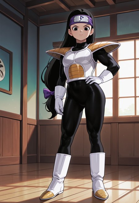 Tsch, 1girl, black hair, low-tied long hair, black eyes, purple bow, forehead protector, white saiyan armor, shoulder pad, black bodysuit, white gloves, white boots, muscular, hand on hip, looking at viewer, indoors, best quality, very aesthetic, masterpiece,