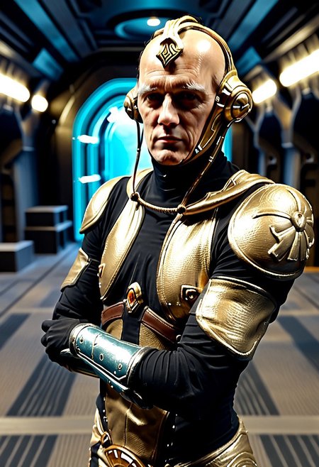 Corpus crewman in a spaceship corridor, science fiction, star wars, dramatic shot, , athletic build,
realistic texture, realism, best quality, 
Dax, dax armor, male dax armor, bishamo armor, male bishamo armor, man, gold dax armor, Wearing dax male helmet, dax male helmet,  gold armor. Arms crossed,