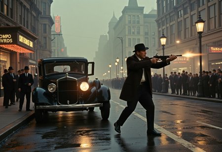 score_9, score_8_up, score_7_up, masterpiece, ultra-detailed, photorealistic, high resolution, cinematic lighting and shadows, gritty texture, noir aesthetic, low-angle Dutch tilt (12° counterclockwise), 1920s gangster action scene,
a man firing a 1928 Thompson machine gun from the hip, aggressive stance, bright muzzle flash, bullet casings flying, tracer rounds visible, reflections of gunfire in wet asphalt puddles, fedora hat, black trench coat blowing in the wind, white shirt, vest, black polished shoes,
luxury 1930s car with chrome details, dramatic 3/4 front view, rear door open,
crowd of panicked citizens in 1920s attire — men and women, shocked, frightened expressions,
Great Depression-era American city in the background, tall buildings, fog, subtle rain, glowing clouds reflecting city light, muted color palette, noir cinematic atmosphere