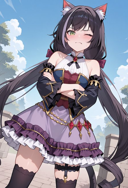 highres, best quality, masterpiece, outdoors, blue sky,
1girl, solo, pcrcal, black hair, streaked hair, cat ears, animal ear fluff, cat tail, green eyes,
caldef, low twintails, hair bow, necklace, blue bodice, gold trim, sleeveless, white shirt, red shirt, blue sleeves, black sleeves, detached sleeves, neck ribbon, wide sleeves, jewelry, belly chain, red gemstone, light purple skirt, purple skirt, frilled skirt, layered skirt, black frills, white frills, garter strap, thigh strap, black thighhighs,
blush, looking at viewer,  one eye closed, tsundere, fang,
standing, crossed arms, legs apart, dutch angle, 
<lora:_kyaru_pcr-elesico-ilxlC:1>