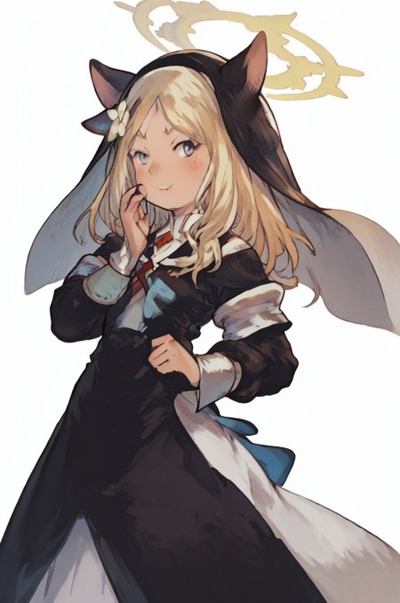 score_9, score_8_up, score_7_up, score_6_up, solo, halo, (Yoshida_Akihiko_PonyXL_style_v02.10.01:1.5) mari iochi, long hair, blue eyes, animal ears, orange hair, halo, yellow halo, braid, single braid, animal ear headwear, armband, blue neckerchief, bow, collarbone, flower, frilled sleeves, frills, habit, hair flower, hair ornament, long skirt, long sleeves, neckerchief, nun, puffy long sleeves, puffy sleeves, sailor collar, skirt, pray pose, (Bravely Default Style), yoshida akihiko, blush, red eyes, shy, blood on clothes, teeth, big smile, blue eyes, <lora:pony\char\game\ba\mari-iochi-ponyxl-lora-nochekaiser.safetensors>, <lora:pony\style\Yoshida_Akihiko_PonyXL_style_v02.10.01.safetensors>, <lora:styles\yoshida_akihiko_offset.safetensors>, <lora:styles\BravelyDefault.safetensors>, <checkpoint:[Pony] prefectPonyXL_v10.safetensors>, <checkpoint:[SD15] tfmCutesyAnime2_genesis.safetensors>