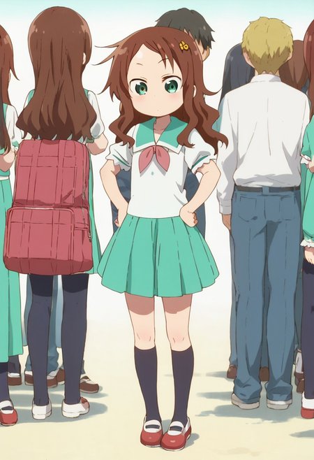 rikos, saisch, long hair, green skirt, brown hair, hair ornament, green eyes, flower, hair flower, school uniform, shoes, socks, uwabaki,  thighhighs,    standing,   score_9, score_8_up, score_7_up, ,source_anime, best quality, masterpiece,   , full body view,  1girl , solo , girl focus , hands on hips,