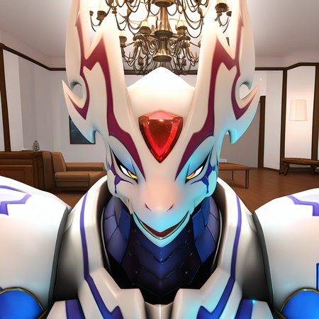 highres, best quality, masterpiece, very aesthetic, newest, year_2024, year_2023, year_2022,<lora:DorugoramonIllustrious:1>, dorugoramon,solo, 3d,cgi,octane render,upper body,indoors,living room,smug,chandelier.red forehead jewel,no humans
