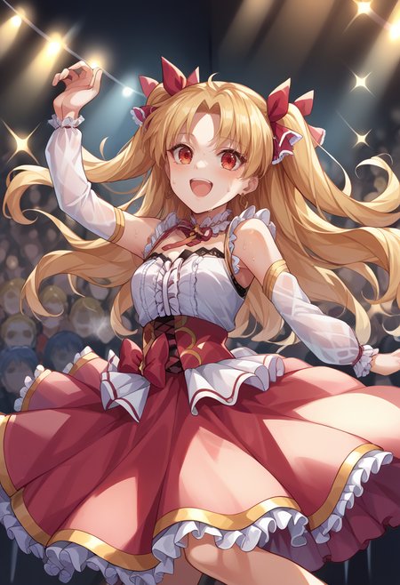 score_9, score_8_up, source_anime, EreshkigalFlowerSunshine, two side up, hair ribbon, idol, frilled dress, bow, detached sleeves, on stage, stage lights, dynamic pose, sweat, open mouth, happy, audience, <lora:CHAR-EreshkigalPonyXL:1>