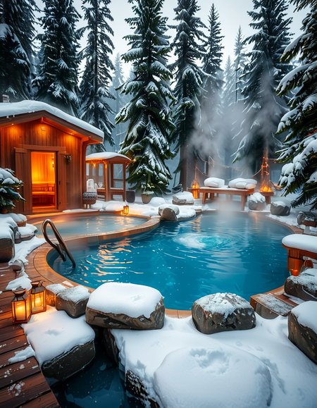 A breathtaking Nordic spa in the heart of a snowy forest, surrounded by tall evergreen trees. The scene captures a steaming outdoor hot pool with crystal-clear water, reflecting the soft glow of ambient lighting. A rustic wooden cabin with a snow-covered roof stands nearby, serving as a relaxation area. Wooden lounge chairs with neatly folded white towels are placed around the pool. A stone pathway, lightly dusted with snow, leads to the water, illuminated by warm, soft lanterns. A few people are seen enjoying the spa, some wrapped in cozy robes while others relax in the steaming water. The atmosphere is serene and tranquil, with mist rising from the hot pool, contrasting with the cold winter air. The lighting is warm and inviting, creating a perfect balance between natural beauty and luxurious comfort.
<lora:SDXLFaeTastic2400:0.4> <lora:extremely_detailed:0.4> extremely detailed, <lora:Nordic_sp4:1>,Nordic sp4, Masterpiece,best quality,hi res,8k,hi res,8k,award winning,(sharp focus, intricate, highly detailed),