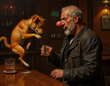 Rembrandt style <lora:funnys:0.7>, A humorous and detailed scene set in a dimly lit, rustic bar. The atmosphere is warm but slightly grimy, with wooden panels on the walls, faintly glowing neon signs behind the counter, and scattered empty bottles reflecting the soft ambient light. At the center of the composition sits a disheveled alcoholic perched on a barstool at the counter. His face is weathered and unshaven, covered in coarse stubble that hasnât seen a razor in days. His skin has a ruddy complexion, accentuated by an enormous, bulbous red nose, glistening under the bar's low-hanging lights. Deep wrinkles carve lines across his forehead and around his bloodshot eyes, which are half-closed as if lost in thoughtâor perhaps too drunk to care., 
In his hand, he loosely grips a glass of whiskey, its amber liquid catching the warm glow of the overhead lamps. He appears oblivious to his surroundings, slouched forward with a defeated posture, his other hand resting limply on the countertop. A faint smirk plays on his lips, suggesting either contentment or resignation., 
On the counter beside him, a mischievous ginger dog has leapt up, its small yet scrappy frame full of energy and personality. Its fur is tousled and wild, with patches of orange-red hair sticking out at odd angles, giving it a comically unkempt appearance. Its wide, expressive eyes gleam with playful mischief as it balances precariously on its hind legs. One of its front paws is raised high in the air, while the other is extended directly over the rim of the whiskey glass held by the alcoholic. A thin stream of urine arcs gracefully downward into the glass, blending seamlessly into the golden liquid below., 
The dogâs tongue lolls out of its mouth in a cheeky grin, and its tail wags enthusiastically, adding to the absurdity of the moment. The man remains oblivious, completely unaware of the canine prank unfolding before him., 
The lighting in the scene is soft and moody, casting gentle shadows across the bar and highlighting key detailsâthe sheen of condensation on the whiskey glass, the rough texture of the manâs stubble, and the wiry strands of the dogâs ginger fur. Subtle reflections shimmer off the polished wood of the bar counter, enhancing the tactile realism of the setting., 
Every element of this imageâfrom the exaggerated features of the drunken man to the whimsical antics of the mischievous dogâis rendered with meticulous attention to detail using advanced CGI techniques combined with photorealistic textures. The result is a hilariously surreal and immersive depiction of a chaotic yet oddly charming moment in a dive bar. . Baroque, chiaroscuro, realistic, emotional, "flat lighting