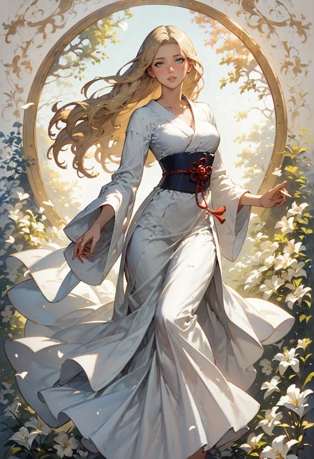 score_9, score_8_up, 1girl, white kimono,  solo, blonde hair, mid parted hair, long hair, heart, curvy, solo, sultry look, romantic sunset, surrounded by white lily flowers in a flower meadow, dynamic pose, art nouveau style  <lora:sdxl\Anime Summer Days Style SDXL_LoRA_Pony Diffusion V6 XL:0.8>
