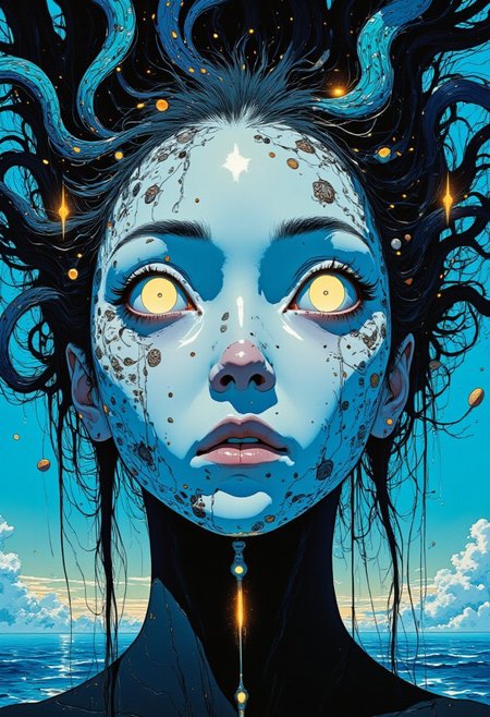 (in Otomo Katsuhiro style:1.3), masterpiece, high-quality, surreal portraiture, a woman with a porcelain mask for a face, one eye glowing with ancient energy, her long hair morphs into a swirling mix of ink and light, forming ethereal, disappearing figures, shot from a low angle as if the viewer is looking into her gaze, intricate details of glowing symbols around her, minimalistic yet dramatic lighting, haunting atmosphere, (elaborate fine details:1.1), (hyperdetailed:1.2), (intricate details:1.1), (Refined details:1.2), (best quality:1.1), (high resolution:1.3)