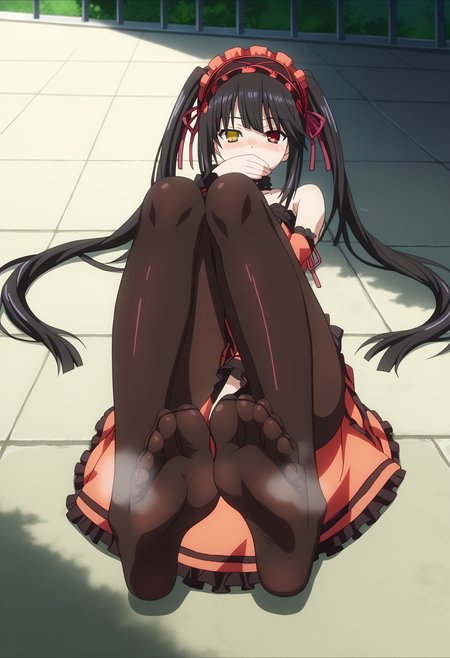 score_9, score_8_up, score_7_up, source_anime,
BREAK
<lora:shismellyfeetV1:0.85>,
shistinkyhose, smell,  looking at viewer, blush, full body, pantyhose, lying, on back, feet,  black pantyhose, legs,  toes, soles, no shoes, steam, foreshortening, covering privates, legs up, brown pantyhose, covering own mouth, steaming body, foot focus, 
covering crotch, spread toes, fine fabric emphasis, 
1girl, solo, anime screencap, anime coloring, 
<lora:shiKurumiV2:1> kurdef, long hair, black hair, twintails, red eyes, yellow eyes, clock eyes, heterochromia, hairband, bare shoulders, detached sleeves, choker, red dress, cleavage, bow, black thighhighs,
blush, looking at viewer, seductive smile,