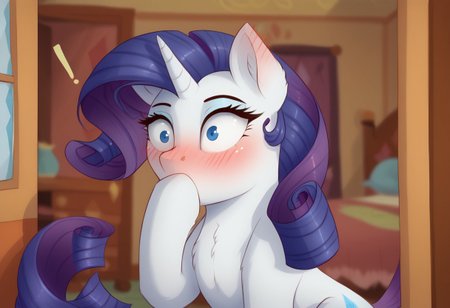 score_9, score_8_up, score_7_up, feral, female, gloomy lighting, (detailed,realistic), ((bedroom, standing in the doorframe, opened door)), (((distant view, visible room, caught masturbating))),
BREAK, 
((solo female)), (((feral))), ((rarity, white fur,)), tail, (front hoof on mouth:1.1), (((surprised, blushing)))