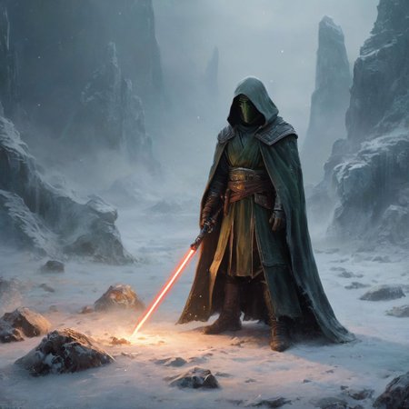 Hyperrealistic art In a frozen landscape, amidst the frozen and weathered stone, a master Jedi stands as a beacon of light against the encroaching darkness. His figure, cloaked in flowing robes adorned with intricate Jedi insignia, in a frozen landscape.
. In one hand, he holds his lightsaber, its vibrant green blade shimmering with the hum of untold power. The weapon's hilt, adorned with intricate engravings and pulsing with energy, 
As the Jedi stands amidst the frozen ruins, a sense of quiet strength emanates from his presence. His posture, poised and confident. 
<lora:xl_more_art-full_v1:0.3> . 35mm photograph, film, bokeh, professional, 4k, highly detailed . Detailed, vibrant, immersive . Extremely high-resolution details, photographic, realism pushed to extreme, fine texture, incredibly lifelike. a dead sith in black robes lay before him. their lightsaber on the ground near their body. as the jedi stares down at their fallen adversary.