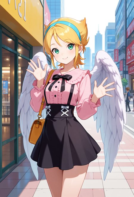 best quality, masterpiece, 1girl, aanina, short hair, blonde hair, blue hairband, green eyes, feathered wings, <lora:nina_(bof1)_ilxl_v1:0.9>, jirai kei, high-waist skirt, black skirt, shoulder bag, smile, waving, standing, cowboy shot, city, street,