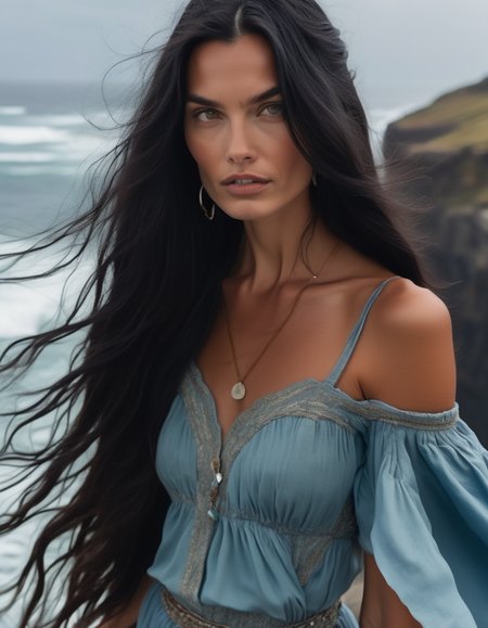 A close-up of a model with long, silky black hair, her piercing grey eyes revealing a deep wisdom. Sheâs standing at the edge of a cliff, the ocean waves crashing below her, the wind whipping through her hair. <lora:usual-portrait-v2:1>