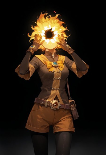 score_9, score_8_up, score_7_up,
lord_of_frenzy, fire head,
novakin, faceless, no eyes, no mouth, no nose, no facial features, short fiery yellow orange hair, body made of black plasma,
open hands, hands on face front,
hands on own head, 
shaft head tilt,
magical girl outfit, (steampunk dress:1.1), boots, (brown shorts:1.1), black tights, medium breasts, belt, gloves, 
simple background, grey background,