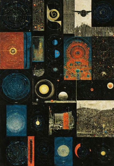 dream frequency permutations and perambulations, nightmare cartography, abstract surreal sci-fi, by Graham Sutherland and Dave McKean and Ben Templesmith, silkscreened mind-bending illustration; dramatic sci-fi poster art, perambulations, rich spacy primary colors, asymmetric, vertical braille code phase diagram