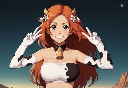 score_9, score_8_up, score_7_up, source_anime, intricate details, perfect anatomy, OverallDetail, zPDXL, BREAK
1woman, solo, inoue orihime, long hair, orange_hair, hair ornament, dark_grey_eyes, huge breasts, milf:0.3, (tube top, cow_print_elbow_gloves:1.5, cow_print_thigh_highs:1.5), double peace, head tilted, windblown hair, smile, detailed background, black_sky, ((night)), desert