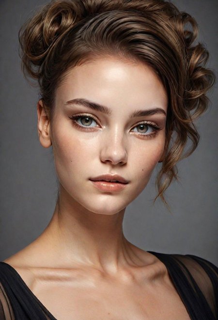 A detailed portrait of a young woman exuding elegance and natural grace. She has a voluminous updo hairstyle with wisps of hair tenderly framing her face. Her hazel eyes are accentuated by tasteful makeup, s. She wears a high-necked black top, suggesting a blend of casual refinement. The lighting should illuminate her face against a subdued background, emphasizing her calm and confident expression. High Fashion, dynamic, dramatic, elegant, High fashion supermodel, avant garde style
fFaceDetaile