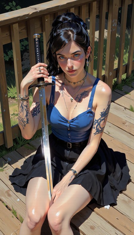pscho_4rt,mythp0rt,very wide angle, put subject further away, small subject, A digital illustration shoot from a bird's eye view about a young woman with tattoos sitting on a wooden deck, looking directly at the viewer with a serious expression. the image also shows a wooden fence and some greenery in the background. on the middle of the image, a 1woman, who appears to be in her early twenties, with light skin and dark hair styled in a messy bun, sitting with her upper body facing the viewer. she has blue eyes and is wearing a sleeveless tank top and a short black skirt. her tattoos are intricate and detailed, covering her arms and shoulders. she is holding a katana in her right hand, with the katana resting on her shoulder. the lighting is soft and natural, casting shadows on her body, highlighting her tattoos and the wooden deck.  1girl, solo, long hair, breasts, looking at viewer, blush, blue eyes, skirt, black hair, closed mouth, cleavage, bare shoulders, sitting, medium breasts, collarbone, ponytail, weapon, outdoors, cowboy shot, sword, black skirt, holding weapon, hair bun, lips, tattoo, clothes lift, holding sword, holding katana, shoulder tattoo, tattoo on arm, arm tattoo, blue tank top, katana on shoulder  camera_angle: from above, art_style: digital illustration, location: outdoor, background: wooden fence, some greaves in the foreground, text: NA, distance_to_camera: upper body, clothing: tank top with straps, image_composition: middle, pants: skirt, accessory: sword on shoulder, shoes: black stockings, action: sitting with a sword, facing_direction: facing viewer, facial_expression: serious, ear: NA;NA, eye_color: blue, gender: 1woman;1woman, hair_ color: black hair;black hair, hair style: long hair;long hair, race: light skin, body: slim, tattooed;slim