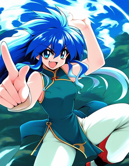 score_9, score_8_up, score_7_up, source_anime, rating_explicit, BREAK  <lora:Ryuho_QOD_XL:1>  Ryuho_QOD, blue hair, blue eyes, light blue hair, long hair, small breasts, multicolored hair, two-tone hair, 
1girl, solo,  chinese clothes,  pants, fang, open mouth,ãwhite pants, fighting stance,  green China dress,
day, outdoor, aura, spark,
smile,
looking at viewer, 
cowboyShot,