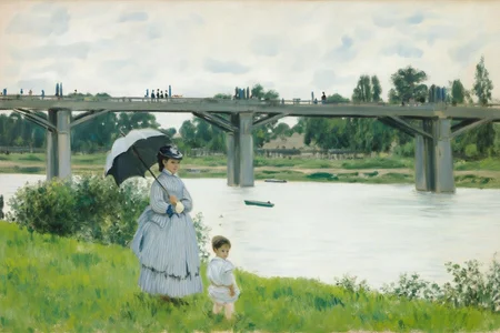 claudemonet1 painting. 
A riverside scene with a prominent arched stone bridge stretching across the middle of the image.
A child and a woman holding an open parasol are standing in the foreground.
 <lora:claudemonet1_cap_d8a4e12:1.0><lora:843287343902487606:0>