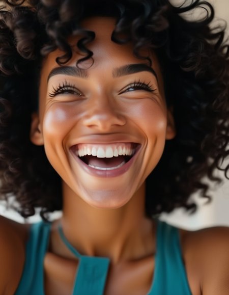 A vibrant close-up of a woman with short, curly black hair, her round face beaming with joy, her dark eyes shining with excitement, her wide smile capturing her infectious enthusiasm. <lora:usual-portrait-v2:1>