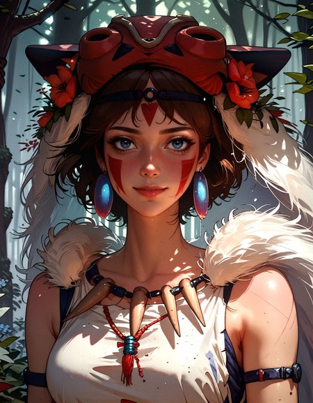 score_9, score_8_up, score_7_up,  san, 1girl, solo, short hair, brown hair, gray eyes, headband, face paint, earrings, white sleeveless top, navy under dress, arm cuffs, fur headdress, fur cape, light-skinned female, female focus, looking at viewer, smiling, forest, (blush:1.1)  <lora:pony/twilight_style:0.8> concept art, realistic, <lora:pony/expressiveh:0.8> expressiveh, <lora:pony/kenva:0.8> knva, <lora:pony/san_pony_v4> <lora:sdxl/sinfully_stylish_sdxl>