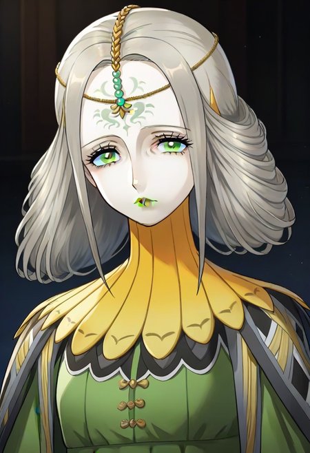 source_anime, 1girl, white skin, grey hair, forehead tattoo, green eyes, green lips, hair decoration, head chain, wrinckles, high yellow collar, medieval dress, white and green dress,<lora:Joanna_-_Metaphor_ReFantazio_-_Pony:1>