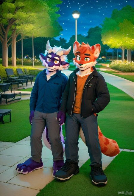 score_9_up, score_8_up, score_7_up, source_furry, mikus-sona, fursuit, furry focus, furry style, furry costume, anthropomorphic, anthro, milkytiger and yay, dragon, multiple boys, 2boys, duo, ((park, night))