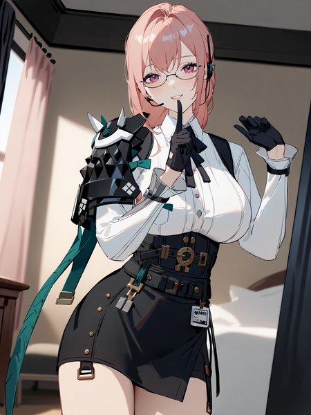 1girl, tsukishiro yanagi, solo, glasses, black gloves, high-waist skirt, high heel sneakers, white collared shirt, single pauldron, earpiece, harness, neck ribbon, looking at viewer, seductive smile, ecstasy, gasping, finger to cheek, standing, full body, bedroom, indoors, blurry background <lora:Char-ZZZ-Yanagi-SDXL-V1:0.9>, masterpiece, best quality, very aesthetic, ray tracing, newest, (hitenkei, askzy:0.5), [<lora:detailed_notrigger:0.95>::0.5]