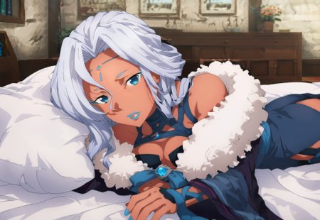 score_9, score_8, score_7 source_anime, dee eye ell, pov across bed, blue lips, solo, makeup, forehead mark, fur trim