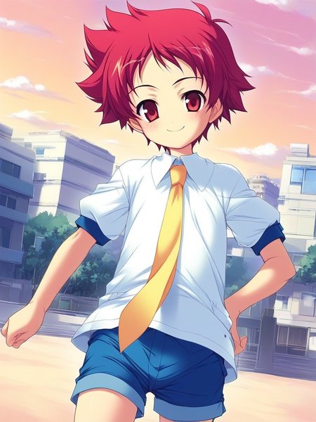 score_9, score_8_up, score_7_up, source_anime, rating_explicit, BREAK  <lora:Tsurumi_Tsubasa_Ver2.0_XL:1> TsurumiTsubasa, 1boy, solo, short hair, red hair, red eyes, 
shorts, Yellow necktie,
outdoor, day, sky,
smile,
looking at viewer, 
cowboy_Shot,