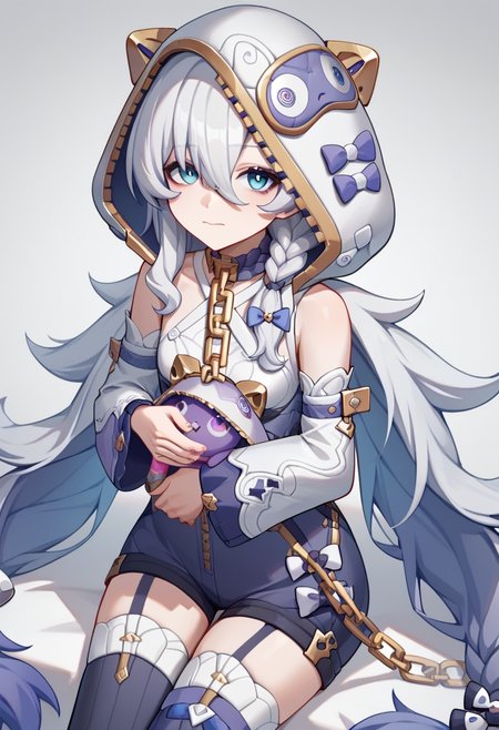score_9,score_8_up,score_7_up,<lora:theresa_apocalypse_boss:1>,theresa_apocalypse, looking_at_viewer, closed_mouth, stuffed_toy, thighhighs, 1girl, solo, detached_sleeves, hood_up, shorts, long_sleeves, animal_hood, bare_shoulders, chain