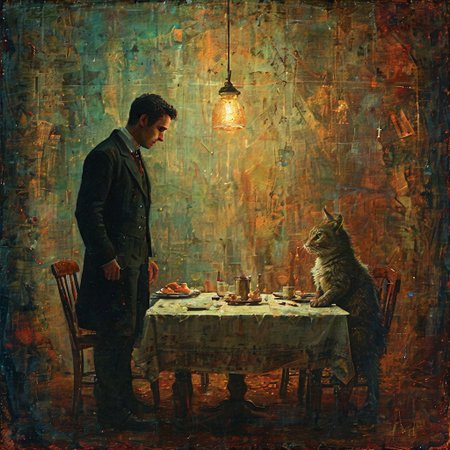 DORIAN an elegant gentleman, ate a hearty breakfast, and watched a Munchkin, who played with Toto and pulled his tail and crowed and laughed in a way that greatly amused Dorothy.  <lora Dreamyvibes Artstyle:0.4>
