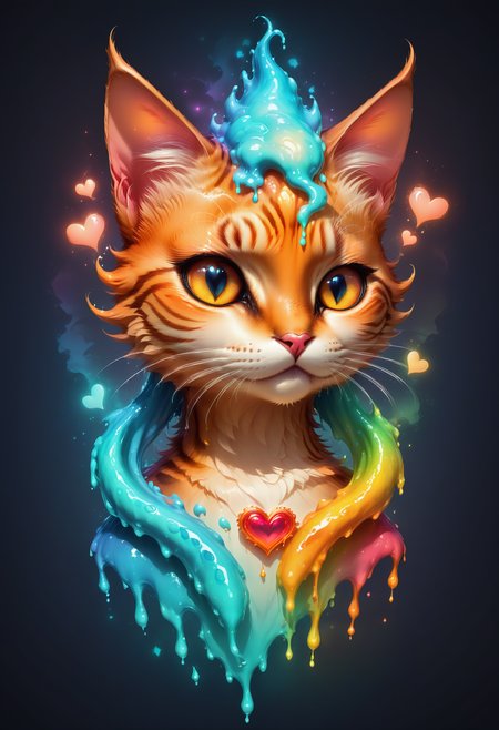 Faded Headshot, faded bottom, faded edges  <lora:FadedHeadshot:1>,score_9,score_8_up,score_7_up,score_6_up,score_5_up,score_4_up  faded headshot heart-shaped wax cat, vibrant faded melting wax, dynamic splashes, bright colors, high contrast, dark background, vivid lighting, celebration, romance, abstract, love concept, glowing effect, sparkling particles, multicolored drips, wax flow, illuminated, artistic
