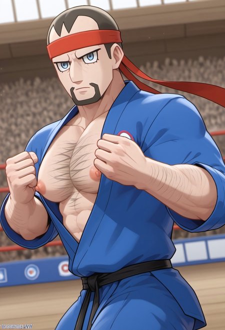 safe_pos, safe_pos, score_9, score_8_up, rating_nsfw, ultra hd, absurdres, best quality, masterpiece, masculine, solo, 1boy, 1male, male focus, best anatomy, best eyes, best hands, sexiest man alive, erotic, gay porn, cartoon art, cartoon artstyle,

POKESSBlackBelt, POKESSBlackBeltHair, blue eyes, goatee, chest hair, headband, blue gi, nipples, visible nipple, big pecs, short hair, dutch angle, fighting, training dummy, action shot, motion lines, Expressiveh