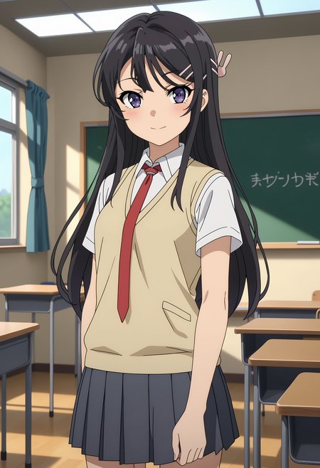 score_7_up, anime screencap, anime coloring,
<lora:SeishunButaYarou_SakurajimaMaiXL:0.8>,
1girl, solo, closed mouth, light smile, light blush,
long hair, black hair, purple eyes, hairclip, rabbit hair ornament,
MaiSchool, sweater vest, yellow vest, white shirt, short sleeves, red necktie, pleated skirt, grey skirt,
thigh gap, standing, looking at viewer, cowboy shot,
blurry background, indoors, classroom