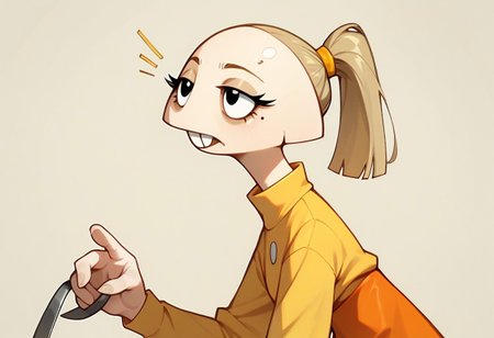 score_9, score_8_up, score_7_up BREAK pegTO, 1girl, bald head, black eyes, yellow hairclip, light brown ponytail, ponytail, buckteeth, bucktooth, no jaw, no lower jaw, half head, jawless, yellow longsleeved shirt, orange skirt, yellow socks, white black shoes,