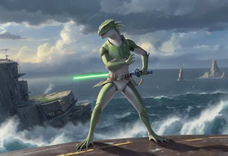 a (solo:1.5) black white (lizard:1.5) in (star wars armor:1.5)  sword on belt  (cockpit instruments view:1.5) driving star-wars style spaceship over (ocean:0.5) (waves:0.5), in the middle of sea, many meteors,
dawn, heavy rain, wind, windy, typhoon, hurricane, tropical storm, fog, mountain, sky, cloud, deluge, rainforest, 
(anime:1.5) , anime screencap in mnst artstyle, full body character portrait landscape