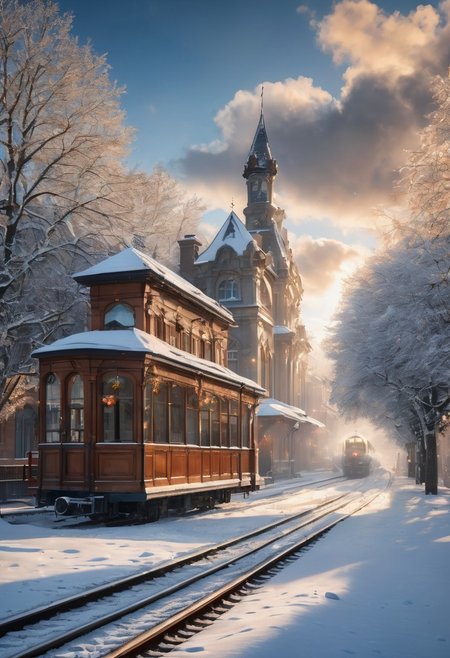 Christmas scenery, snow covered trainstation,  train, dappled sunlight, historic buildings, diamond dust, sunlight,  blue sky, day, beautiful view, mysterious glow, beautiful clouds, depth of field, masterpiece, best quality, 8k, ultra-detailed, very aesthetic, superb composition, finest details, intricate details, absurdres, high contrast,