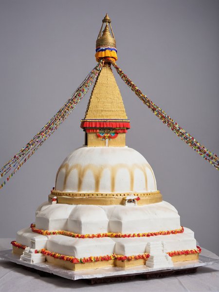 <lora:Boudhanath_Stupa:0.8> a fondant cake in shape of boudhanathstupa, neutral background