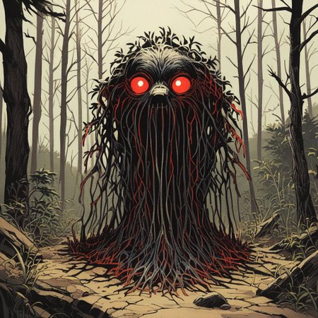 score_9, score_8_up, score_7_up,score_6_up, score_5_up, score_4_up,source_anime,retro artstyle,halftone effect,epic,intricate linework,no humans,creature focus,a black furred barghest with glowing red eyes skulking in the woods,full body,outdoors,forest,horror