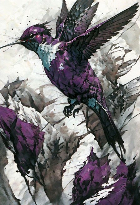 style inspiration Art by Jim Mahfood, Henry Asensio, Vector Create a tattoo with an exquisite ink design on white paper that makes the perfect multi-exposure piece of art. This piece was designed to combine the dimensional hue of purple hibiscus with the hyper-realistic style of a hummingbird. Tattoo, Minimal Solid Letterhead, Dark Fantasy, Poster, Photography, Painting. Vivid, Fashion, Wildlife Photography, Concept Art,