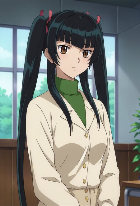 score_9,score_8_up,score_7_up,anime coloring BREAK source_anime,anime,<lora:Wang_Liu_Mei_Gundam_00_Pony:0.7>,liumei,1girl,solo,brown eyes,black hair,twintails,long hair,ribbon,hair ribbon,turtleneck,indoors,
