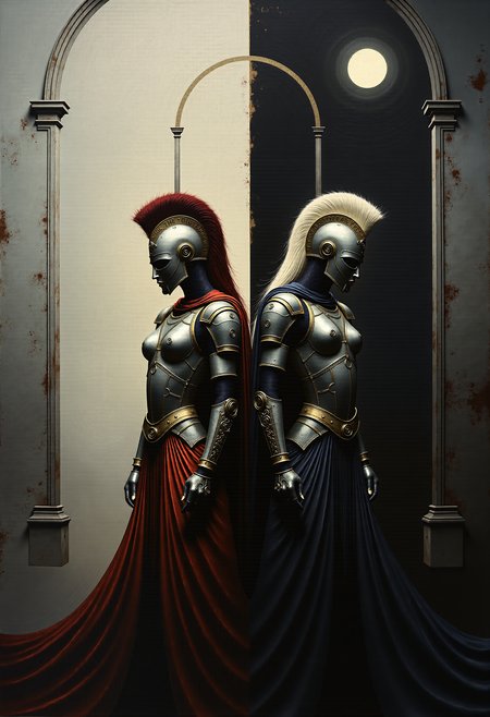 0n1r1c, Create a dramatic impasto painting with drips and painterly smudges of two majestic warriors, inspired by Achilles, the central character in Homer's Iliad, wearing futuristic, metallic full-body armor with a complex, segmented design. 

The painting is divided vertically into three sections.
The left section, only white, is dominate from Aphrodite, her
warrior's helmet should have a striking red horsehair crest.
The background of this left section is a light white.
The middle section, only light gray, showcases a high, arched window below the upper edge of the painting, through which the moon shines.
The background of this middle section is a light gray.
The right section, only dark gray, is dominate from Athene, her warrior's helmet should have a striking white horsehair crest.
The background of this right section is a dark gray.

Both helmets reminiscent of ancient Greek soldiers.
Both armors should have multiple plates and reinforcements, covering the entire body and combining both ancient and modern aesthetics. 

The shoulder plates and bracers of both armors should feature additional plating with gold accents. Both warriors should wear long, flowing black capes, adding a touch of royalty. Their overall appearance should exude strength, nobility, and a harmonious blend of the antique and the modern. Set the scene in a dark, grand hall with high, arched windows in the background. The painting should emphasize a combination of ancient grandeur and a futuristic, modern, and abstract style, with dramatic lighting features in a monochromatic scheme, primarily in shades of black, white, and gray.

