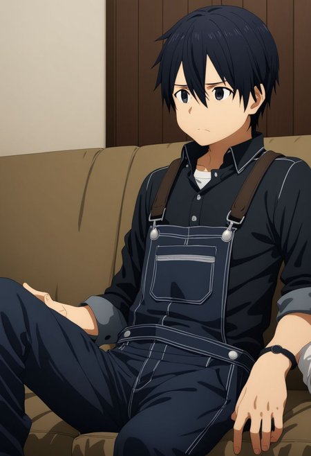 high resolution, professional photography, best quality, 1Boy, Kirigaya Kazuto, Black Hair, Black Eyes, overalldetail, lovely, deep talk, helpless. sit, couch