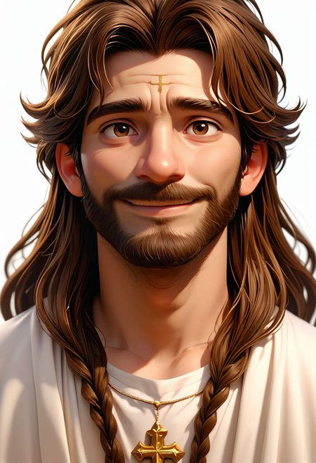 score_9,score_8_up,score_7_up,  <lora:3d_render_pdxl_goofy:1>3d render, 1boy, male focus, facial hair, beard, looking at viewer, smile, long hair, brown hair, brown eyes, white  background,  simple background , jesus,