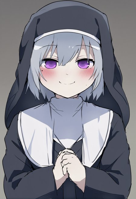 masterpiece, hyper detailed, best quality,(furry:1.3),solo, nun, habit, smile, mole under eye, gradient background, gradient, mole, hair between eyes, black hair, closed mouth, 1girl, sketch, looking at viewer, upper body, purple eyes, grey background, short hair, 1boy, grey hair, male focus  ,<lora:DAGASIXLlokr8f-000188:0.95>